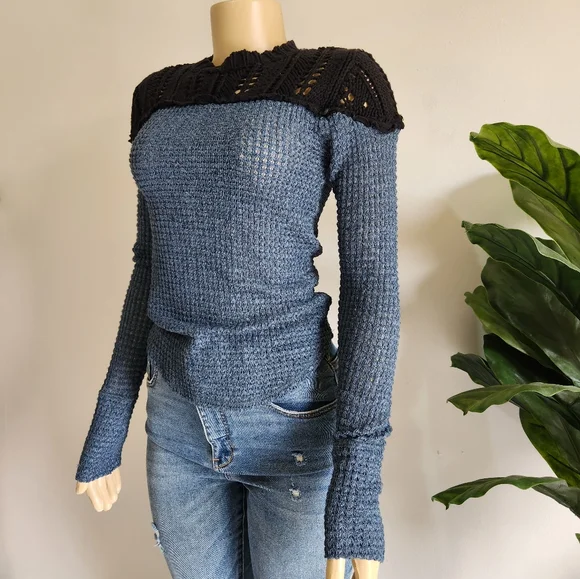 Free People Snowflake ColorBlocked Pointelle Sweater Size XS Women Cotton - Picture 6 of 12